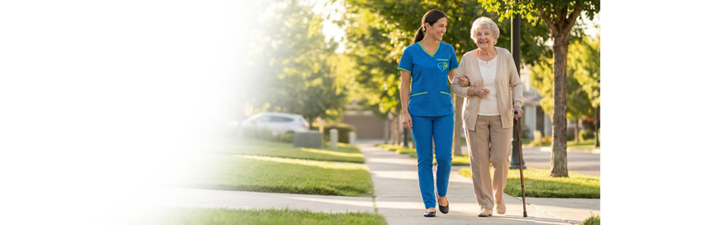 Caring Savvy Home Care Nurse walking with an elderly patient